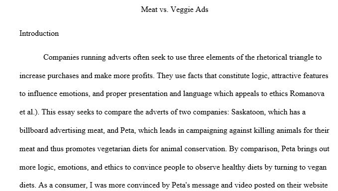 Analyze set#1 Meat vs. Veggie), and select one set to write your essay