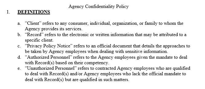 Agency's policy on confidentiality