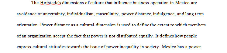 The Hofstede's dimensions of culture that influence business operation in Mexico