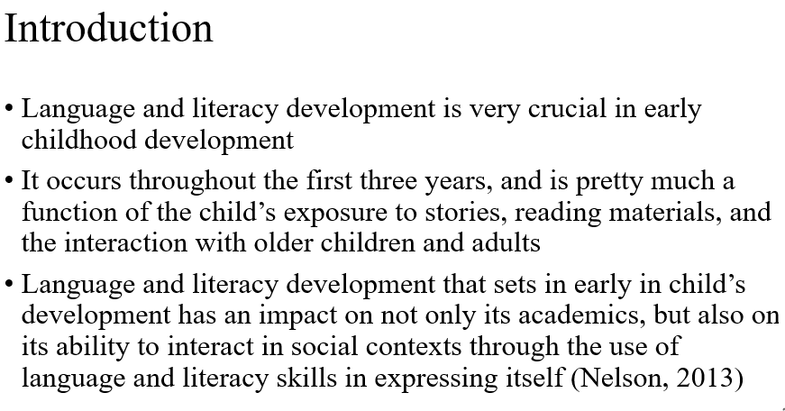 Oral language and literacy development