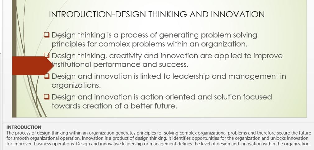 Apply the five key elements of design thinking to analyze the organization's effectiveness in design thinking and innovation.