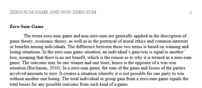 Compare and contrast zero-sum game and non-zero-sum and provide an example of each.