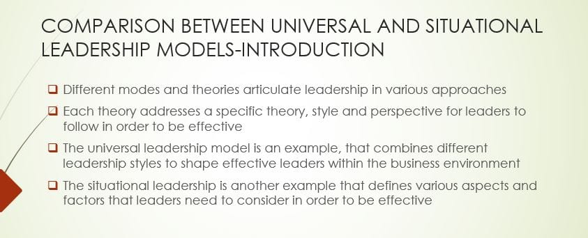 Create a 8- to 10-slide PowerPoint® presentation in which you compare the Universal Model of Leadership in Mastering Leadership