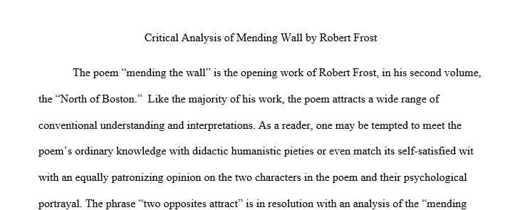 Critical Analysis essay on the Mending Wall by Robert Frost
