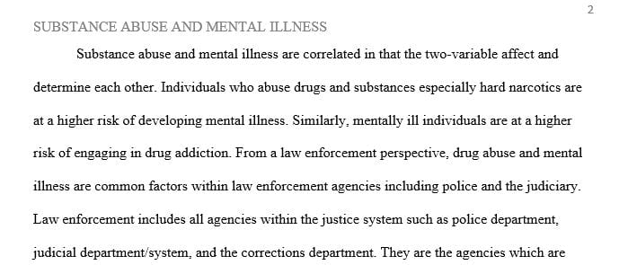 Discuss the correlation between substance abuse and mental illness from a law enforcement viewpoint.