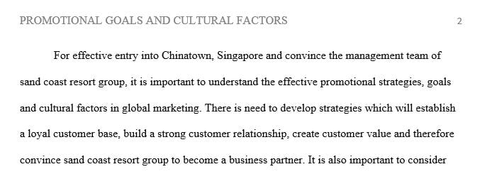 Discuss the promotional goals and cultural factors you would discuss with Sand Coast