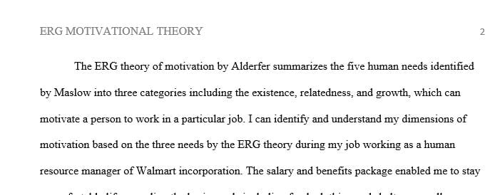 Give an example of how the ERG theory could be used to explain your motivation to work