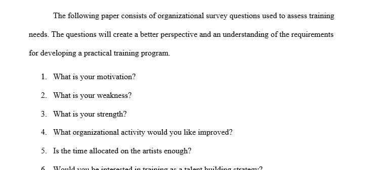 Create a 12- to 15-question organizational development training needs survey using Microsoft Forms.