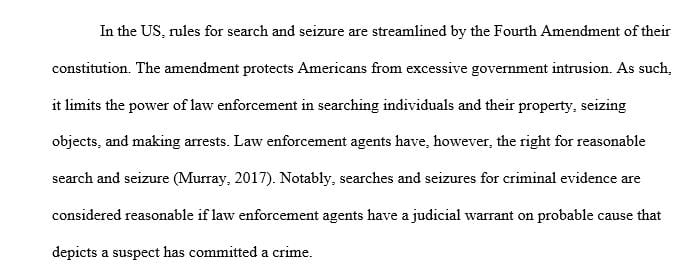 Examine and summarize your community state or country’s rules for search and seizure of criminal evidence