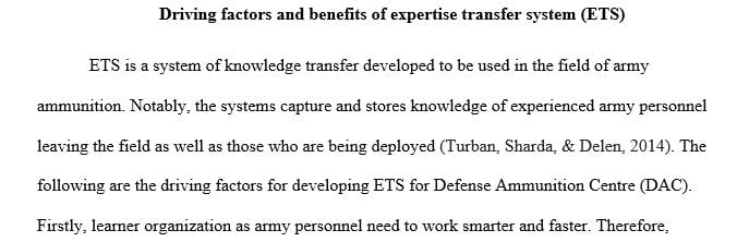 Explain the driving factors and benefits for expertise transfer system developed for the Defense Ammunition Center.