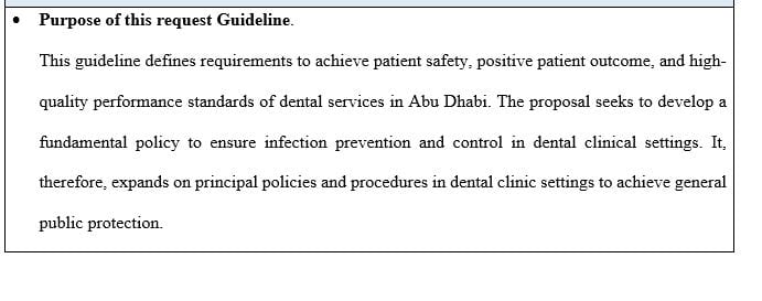 Produce the policy regrading dental guideline for health authority in Abu Dhabi UAE