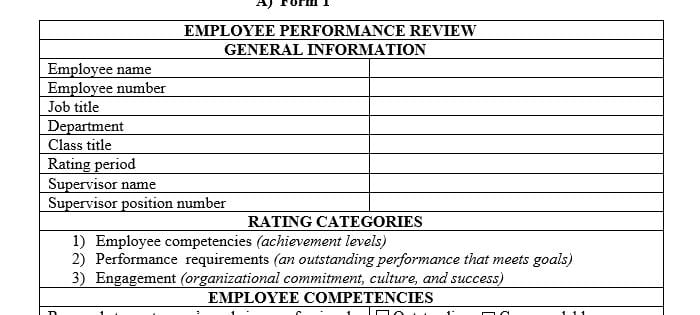 Research different types of performance reviews and create two 175-word review forms that managers can use with their employees.