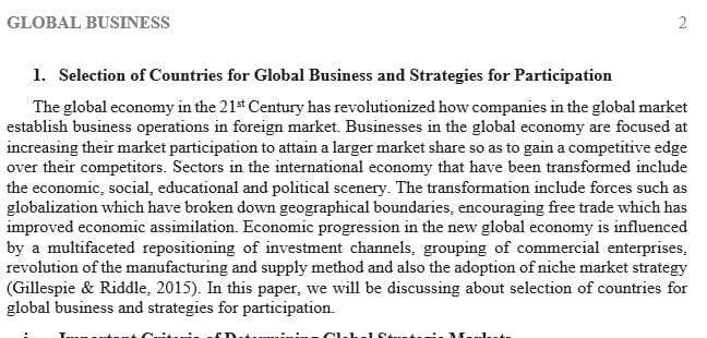 Selection of Countries for a Global Business and Strategies for Participation
