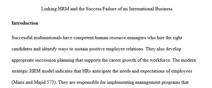 The effectiveness human resource management has on the success/failure of an international business