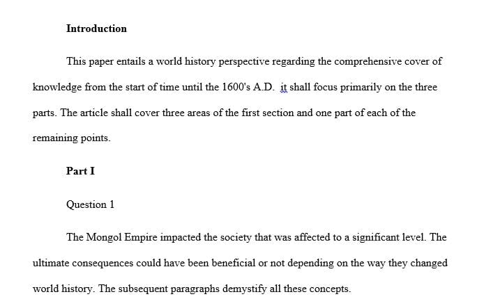 World history assignment on a general knowledge cover from the beginning of time until the 1600’s AD.