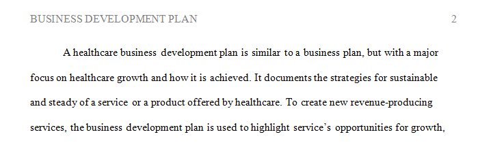 Describe a healthcare business development plan as related to creating new revenue producing service.