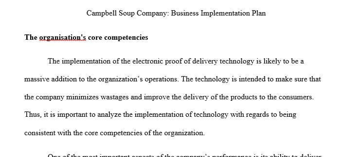 Propose a plan for implementing the core competencies for the product service for Campbell's Soup Company