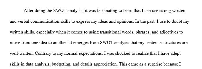 Share the results of your SWOT Analysis. What did you learn about yourself that you found interesting or intriguing