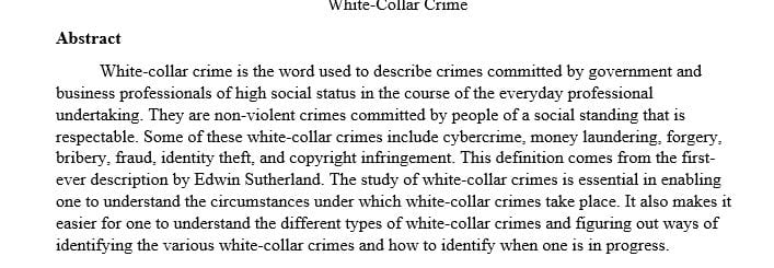 Write a 500 word essay about Edward H. Sutherland various definitions to white collar crime