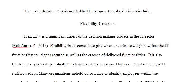 Decision criteria that IT managers need to examine to help them make an IT sourcing decision