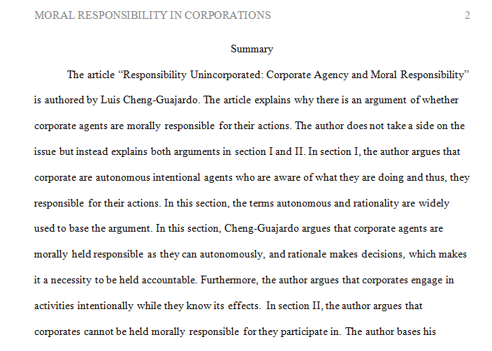 The article “Responsibility Unincorporated: Corporate Agency and Moral Responsibility”