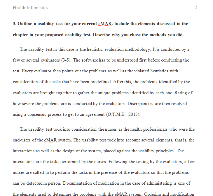 Outline a usability test for your current eMAR. Include the elements discussed in the chapter in your proposed usability test