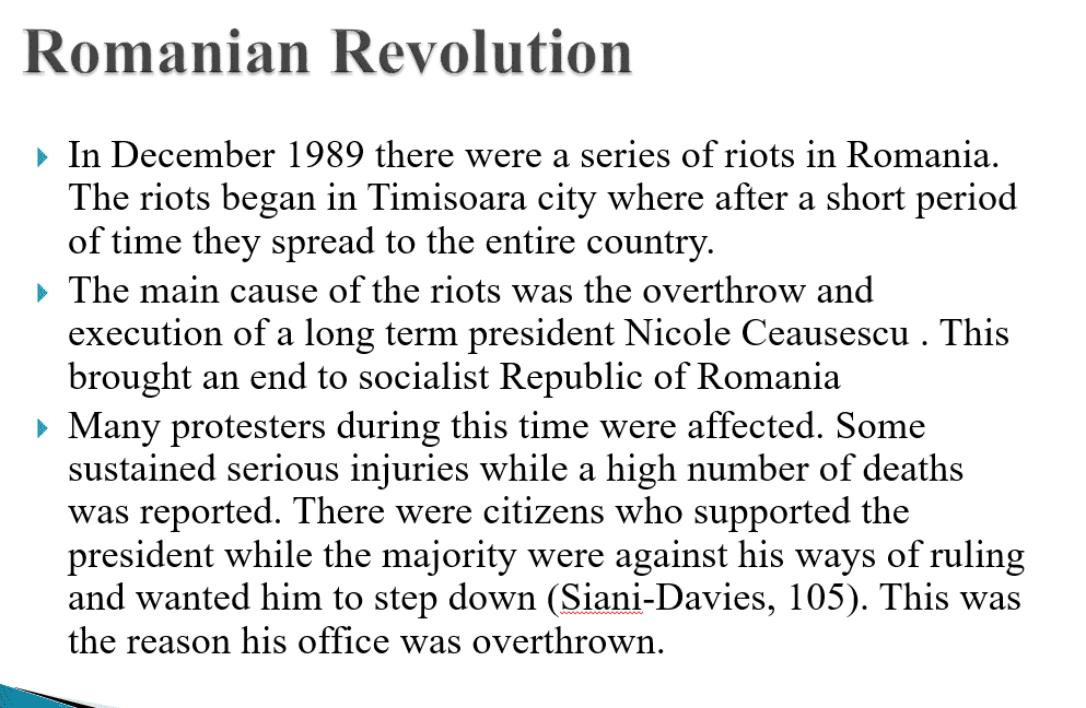 I would like a brief history and facts about the revolution in Romanian in 1989 against Nicole Ceausescu how did it start how was responsible for the revolution