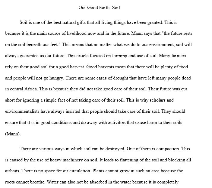 Write an essay about the article "OUR GOOD EARTH: SOIL" by Charles C.Mann.