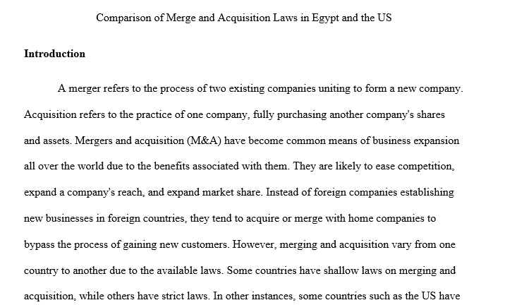 The nature of mergers and acquisitions and compares the laws and legal framework in Egypt to other countries, mainly the U.S.