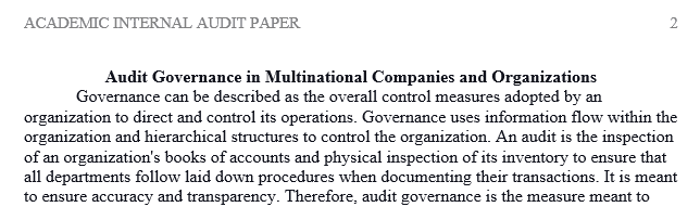 Submit a paper on an audit governance risk management and control or compliance topic of your choosing.